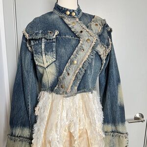 Asymmetrical retro destructive cropped jeans denim jacket
